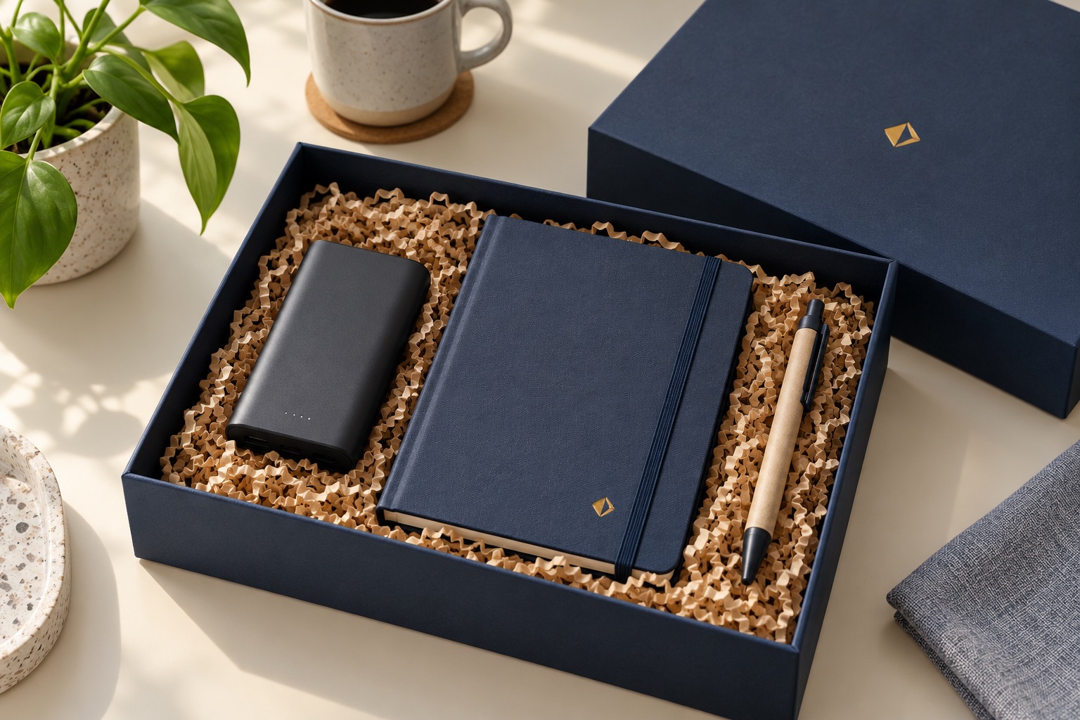 Caja de presentación con libreta, batería externa y bolígrafo