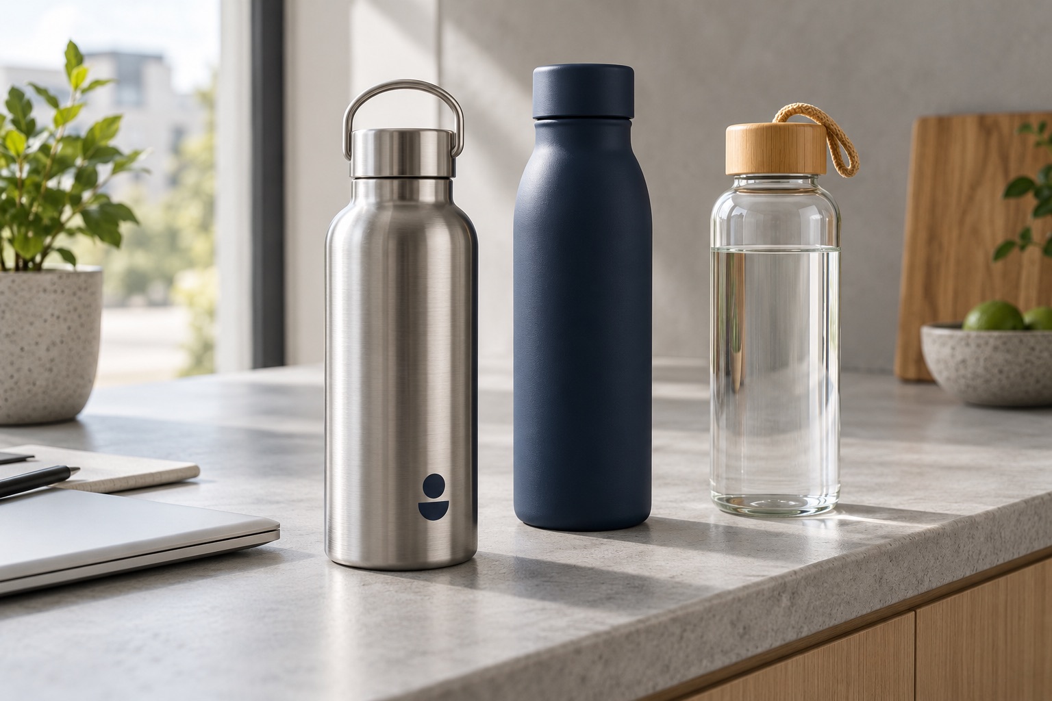 Botellas reutilizables de acero y vidrio sobre una mesa