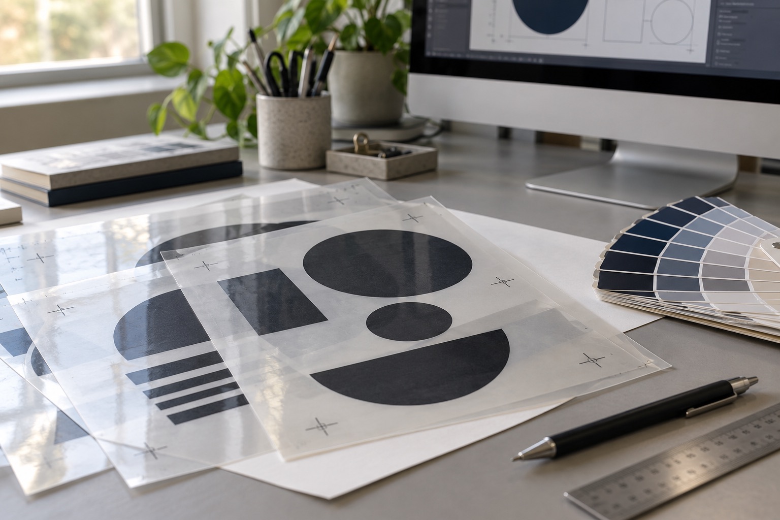 Fotolitos con formas geométricas y marcas de registro en una mesa de diseño