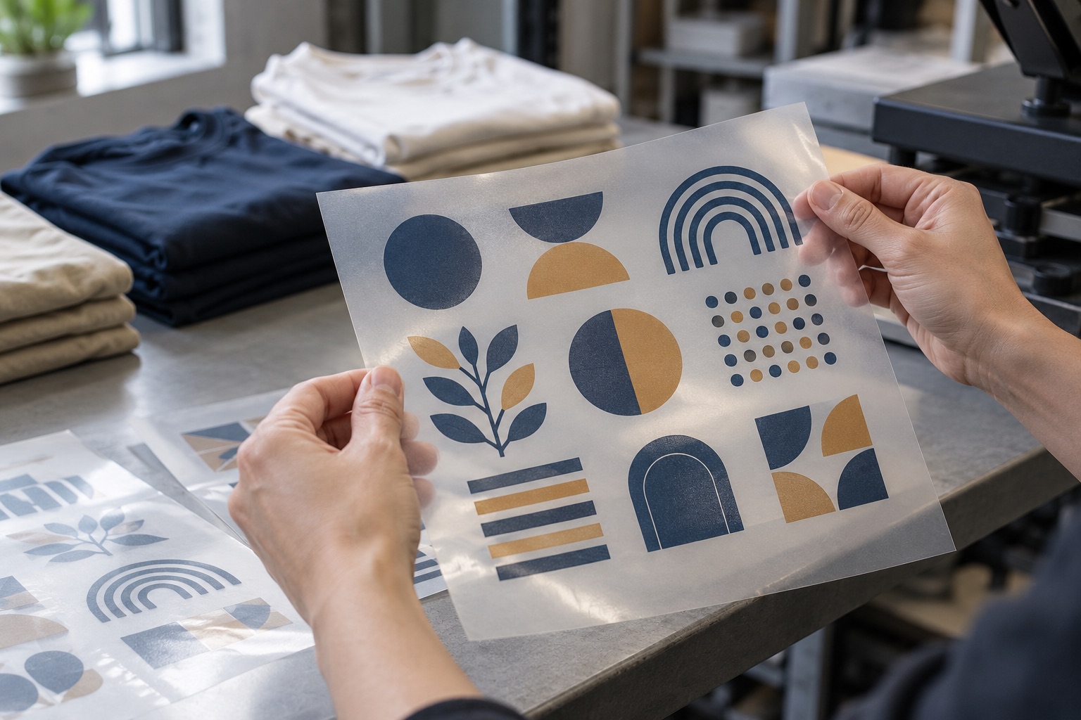 Revisión de una lámina de transferencia textil con diseños geométricos