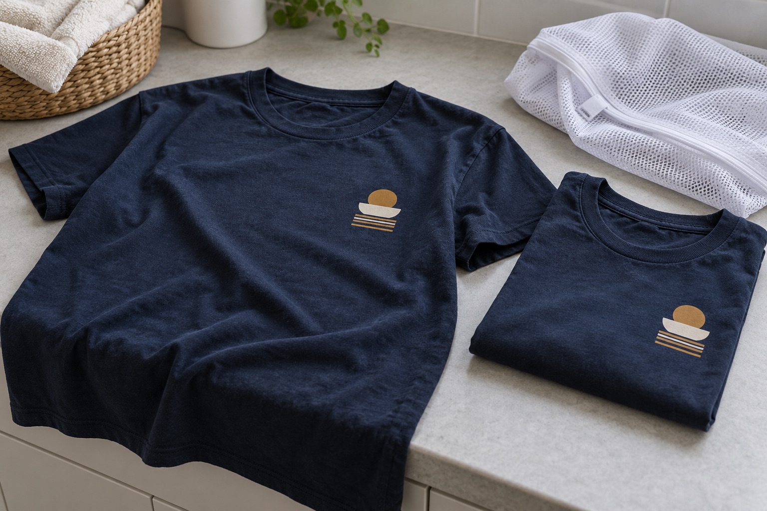 Camisetas azul marino con impresión y bolsa de lavado