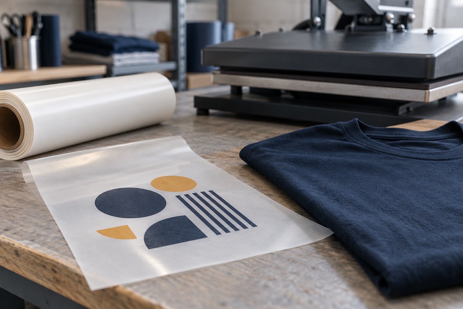 Lámina de transferencia, vinilo textil y camiseta junto a una prensa térmica