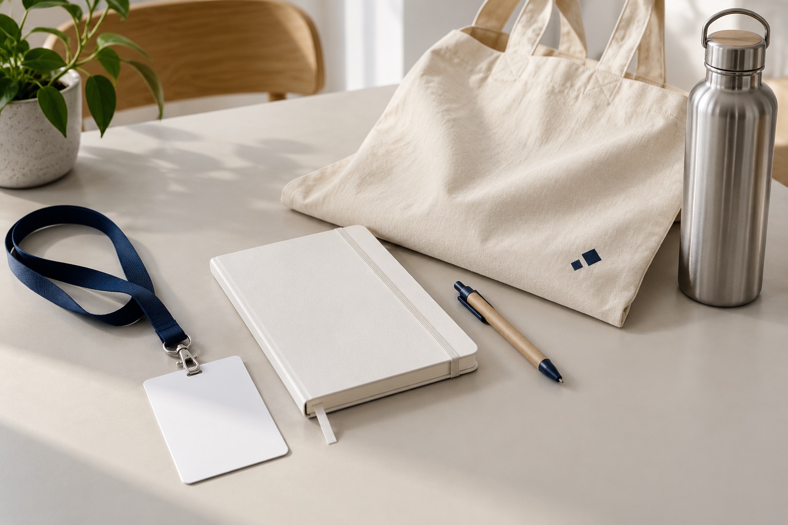 Acreditación, libreta, bolígrafo, bolsa y botella para un evento