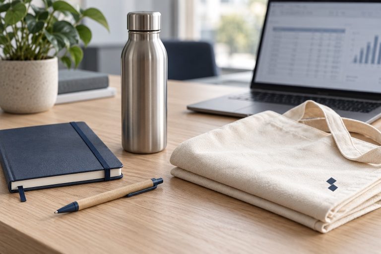 Libreta, botella, bolígrafo y bolsa de tela sobre una mesa de oficina