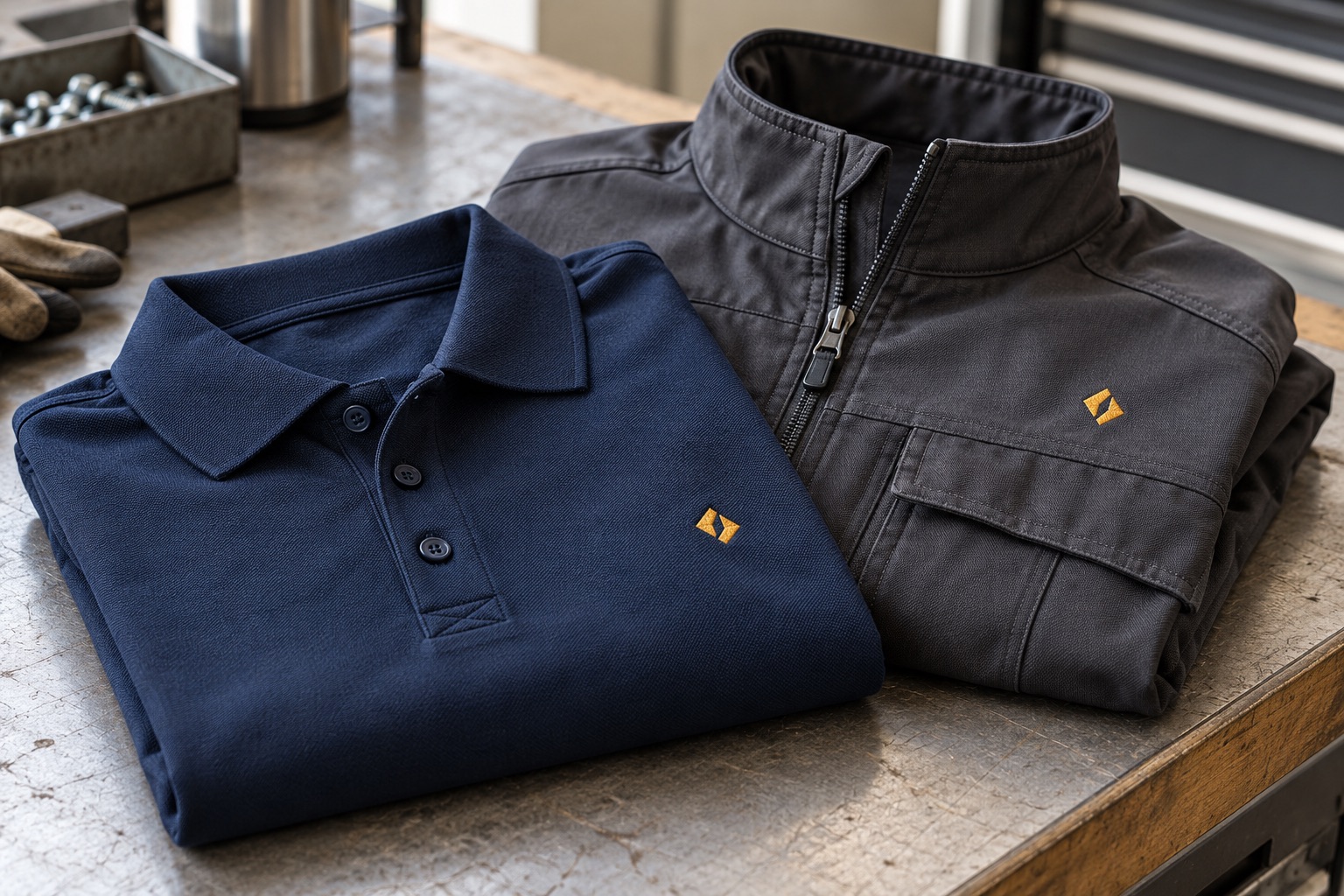 Polo azul marino y chaqueta gris con pequeños motivos bordados